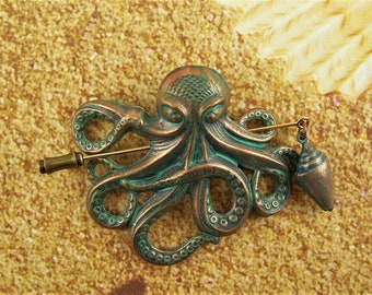 Épingle de châle pieuvre vert de gris, Épingle de pieuvre, épingle de châle océan, épingle de paréo, épingle de couverture de plage, épingle de foulard, boutinnière, épingles de revers, coupe-cheveux