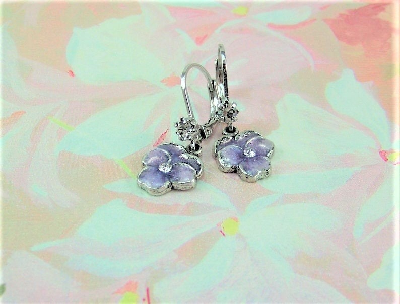 Pansy Earrings, Purple Pansies, Flower Earrings, Enameled Flower Earrings, Lavender Pansy Earrings, Pansy Drops, Cloisonne Pansy image 2