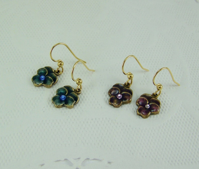 Pansy Earrings Blue Pansies Flower Earrings Enameled Flower Etsy