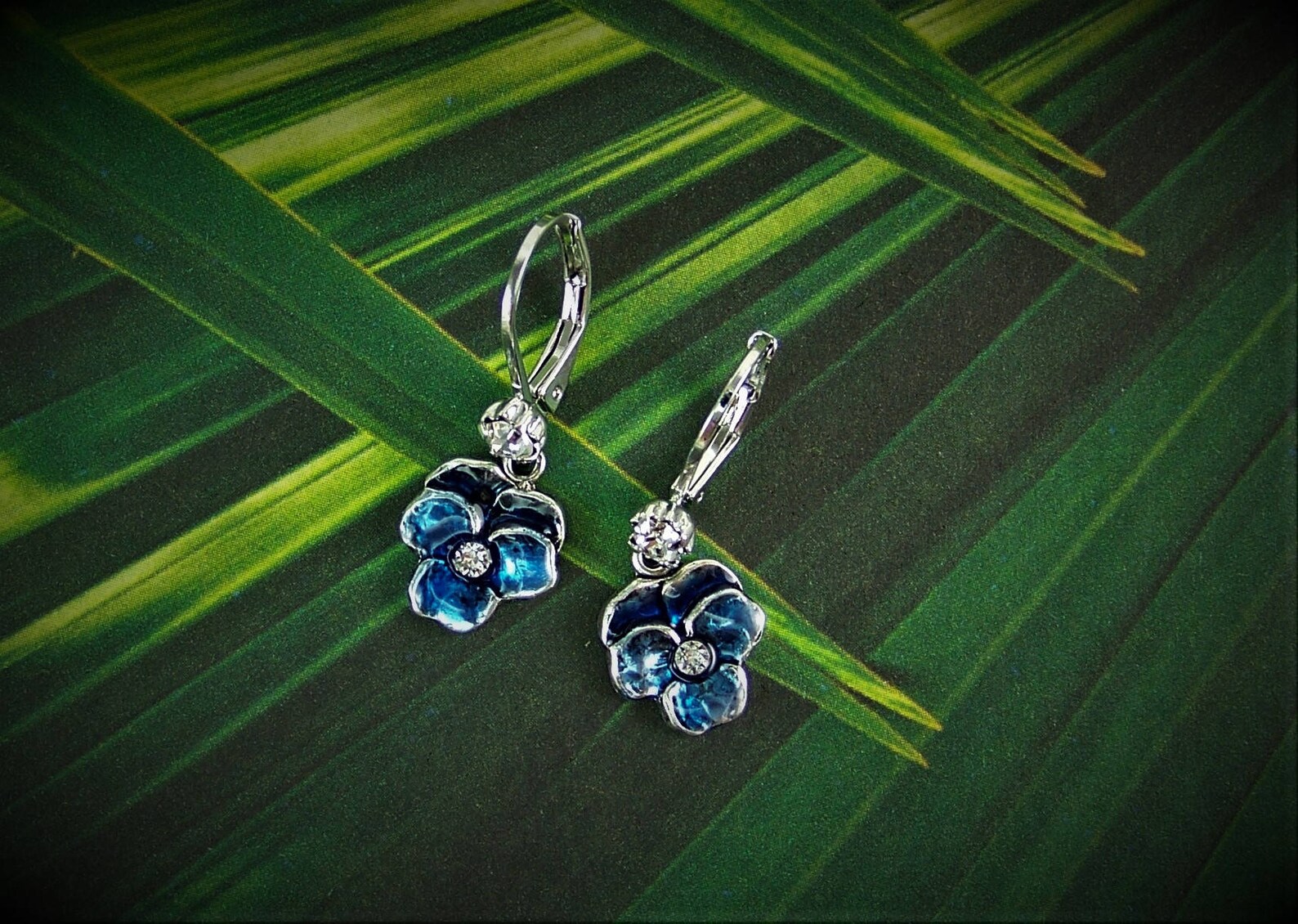Pansy Earrings Blue Pansy Earrings Crystal Pansies Flower Etsy