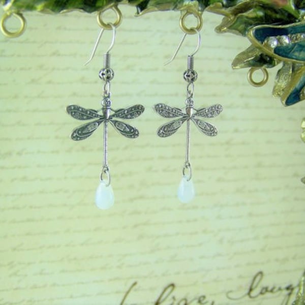 Dragonfly Earrings, Opal Dragonfly Earrings, Opalite Drop Earrings, Opal Earrings, Opalite Dragonfly, Damselfly Earrings, Silver Dragonfly