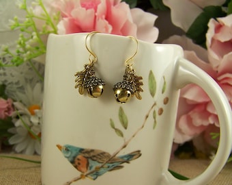 Gold Acorn Jingle Bell Earrings: Belgariad Inspired Oak Leaf Jewelry