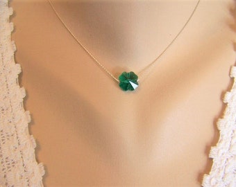 Shamrock Necklace, Four Leaf Clover, Emerald Green Shamrock, Crystal Shamrock Sterling Necklace, St Patrick's Day, Emerald Crystal Necklace