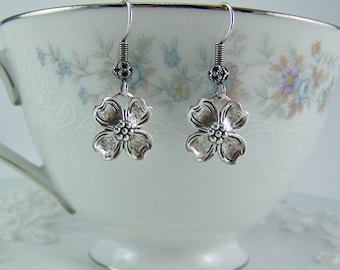 Dogwood flower earrings, Silver dogwood flower, Silver flower earrings, Spring earrings, Flower petal earrings, Crown of Thorns