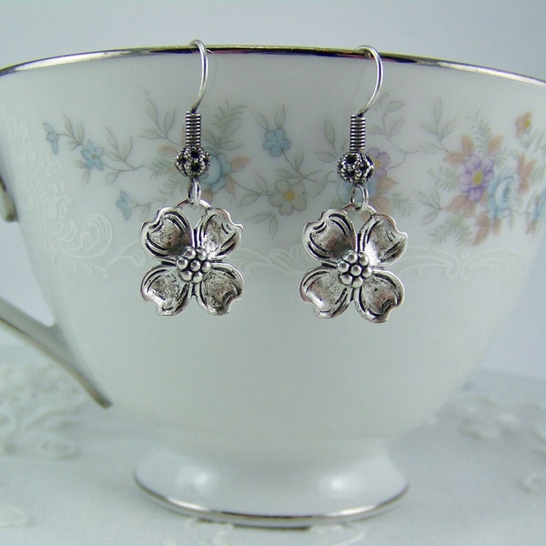 Dogwood flower earrings, Silver dogwood flower, Silver flower earrings, Spring earrings, Flower petal earrings, Crown of Thorns
