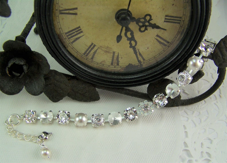 White Crystal Bracelet, White Pearl Bracelet, Crystal Opal, Austrian Crystal Bracelet, White Opal Flower Bridal Jewelry, 8mm Tennis Bracelet zdjęcie 2