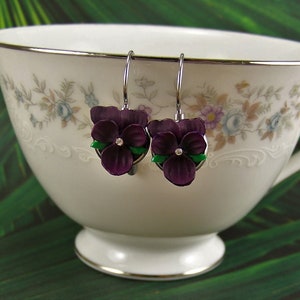 Violet Flower Earrings, Dark Purple Violet Earrings, Pansy Earrings, Violet Earrings, Purple Violet Flowers, Silver Violet Pierced Earrings image 1