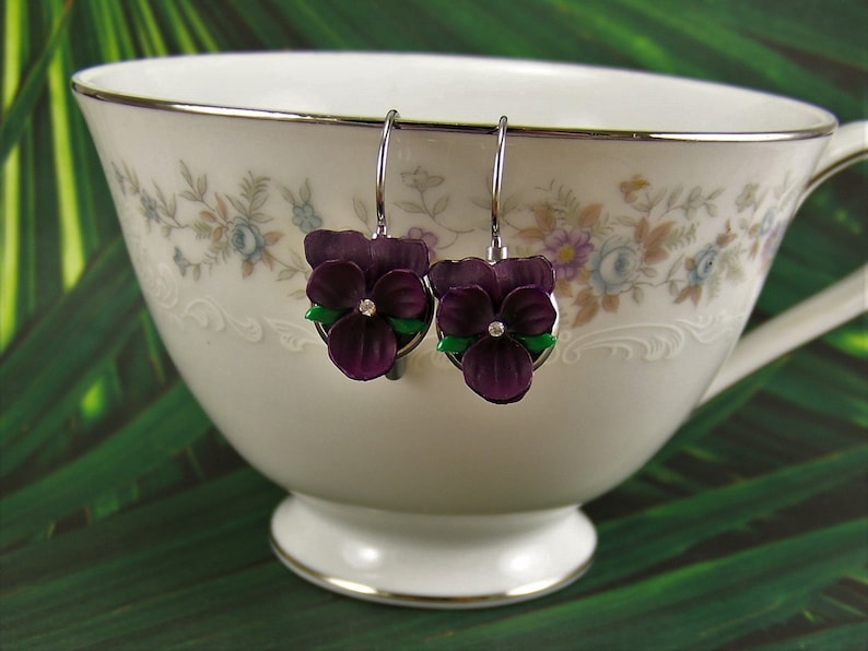 Violet Flower Earrings, Dark Purple Violet Earrings, Pansy Earrings, Violet Earrings, Purple Violet Flowers, Silver Violet Pierced Earrings image 1
