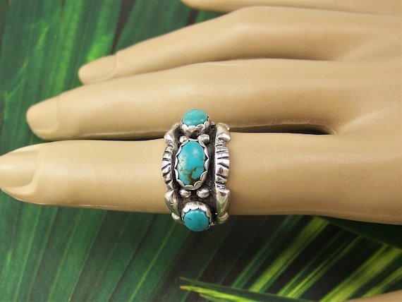 Vintage Turquoise Ring, 925 Sterling Three Stone … - image 5