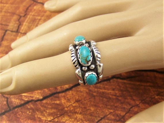 Vintage Turquoise Ring, 925 Sterling Three Stone … - image 2