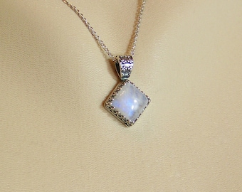 Rainbow Moonstone Necklace, Square Moonstone Necklace, Crown Set Moonstone, AAA Natural Moonstone Pendant, June Birthstone Necklace,  Amulet