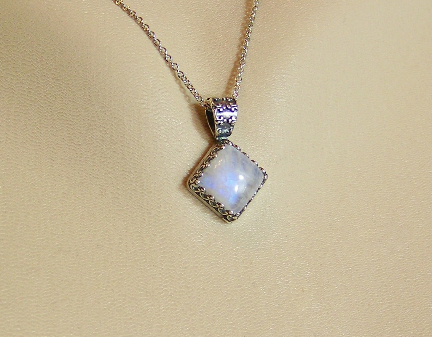 Rainbow Moonstone Necklace, Square Moonstone Necklace, Crown Set Moon…