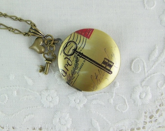 Key Locket, Key to my heart, Postage locket, Letter locket, Heart charm, Key charm, Bronze locket, Key print, Photo locket, Memory locket
