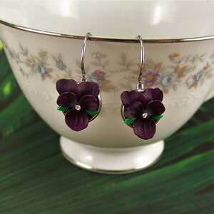 Violet Flower Earrings, Dark Purple Violet Earrings, Pansy Earrings, Violet Earrings, Purple Violet Flowers, Silver Violet Pierced Earrings image 7