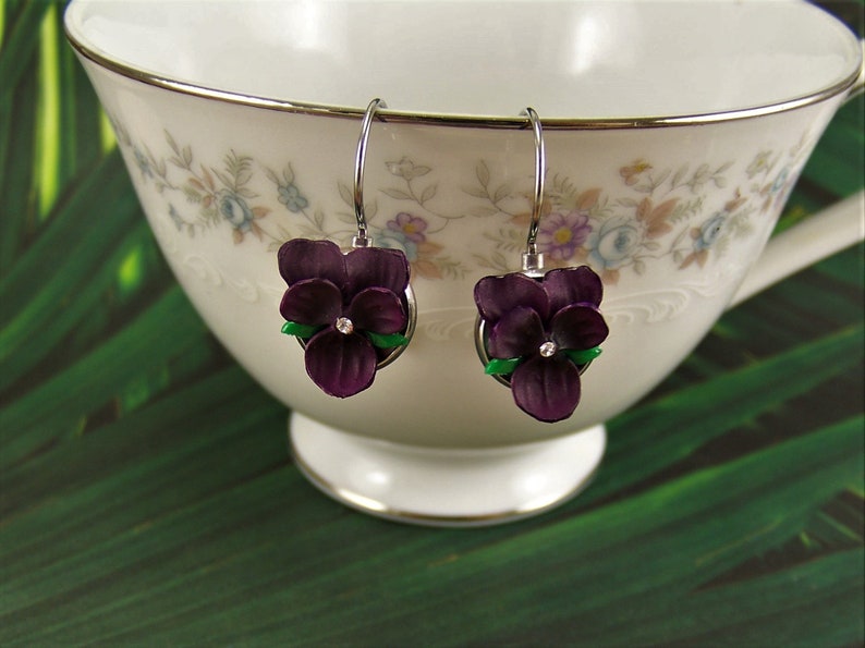 Violet Flower Earrings, Dark Purple Violet Earrings, Pansy Earrings, Violet Earrings, Purple Violet Flowers, Silver Violet Pierced Earrings image 7