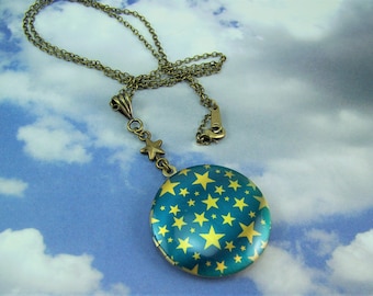 Star Locket, Blue Sky Locket, Celestial Locket, Night Sky Locket, Bronze Star, Antique Gold Star Locket, Gold Star Locket, Keepsake Locket