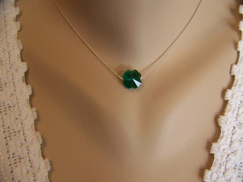 Shamrock Necklace, Four Leaf Clover, Emerald Green Shamrock, Crystal Shamrock Sterling Necklace, St Patrick's Day, Emerald Crystal Necklace image 6