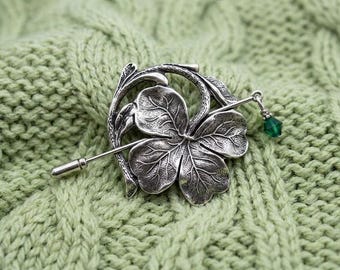 Shamrock Shawl Pin, Clover Pin, Irish Pin, Sweater Pin, Scarf Pin, Shamrock, Swarovski Stick Pin, Shawl Pin, Four Leaf Clover, Boutonniere