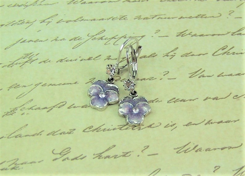 Pansy Earrings, Purple Pansies, Flower Earrings, Enameled Flower Earrings, Lavender Pansy Earrings, Pansy Drops, Cloisonne Pansy image 5