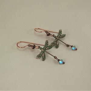 Verdigris Dragonfly Earrings, AB Crystal Dangle Earrings, Dragonfly earrings, Crystal Dragonflies, Damselflies, Copper Verdigris Earrings bild 8