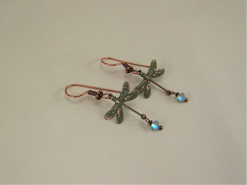 Verdigris Dragonfly Earrings, AB Crystal Dangle Earrings, Dragonfly earrings, Crystal Dragonflies, Damselflies, Copper Verdigris Earrings bild 8