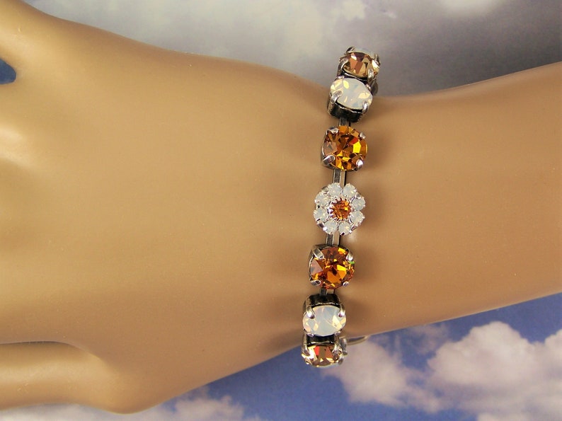 Gold Topaz Bracelet, Daisy Bracelet, Crystal Tennis Bracelet, White Opal Crystal Flowers, Austrian Crystal Bracelet, November Birthstone image 4