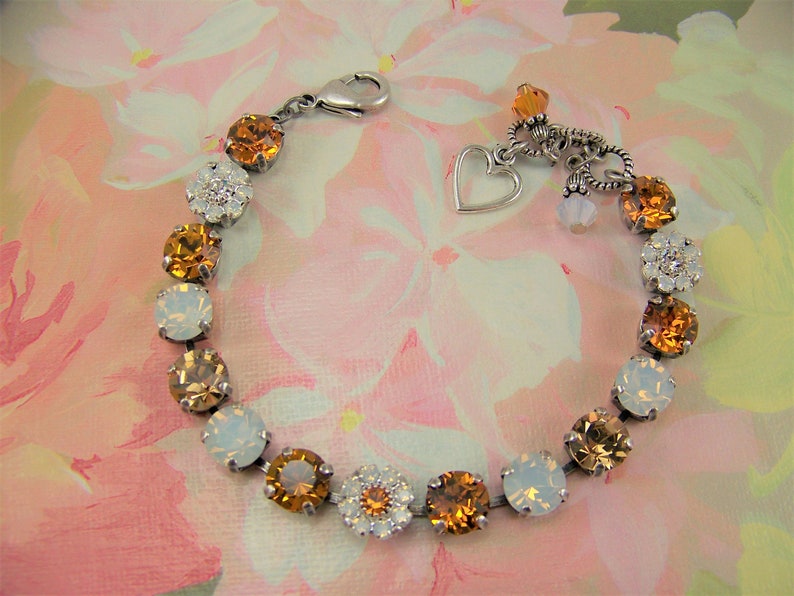 Gold Topaz Bracelet, Daisy Bracelet, Crystal Tennis Bracelet, White Opal Crystal Flowers, Austrian Crystal Bracelet, November Birthstone image 8