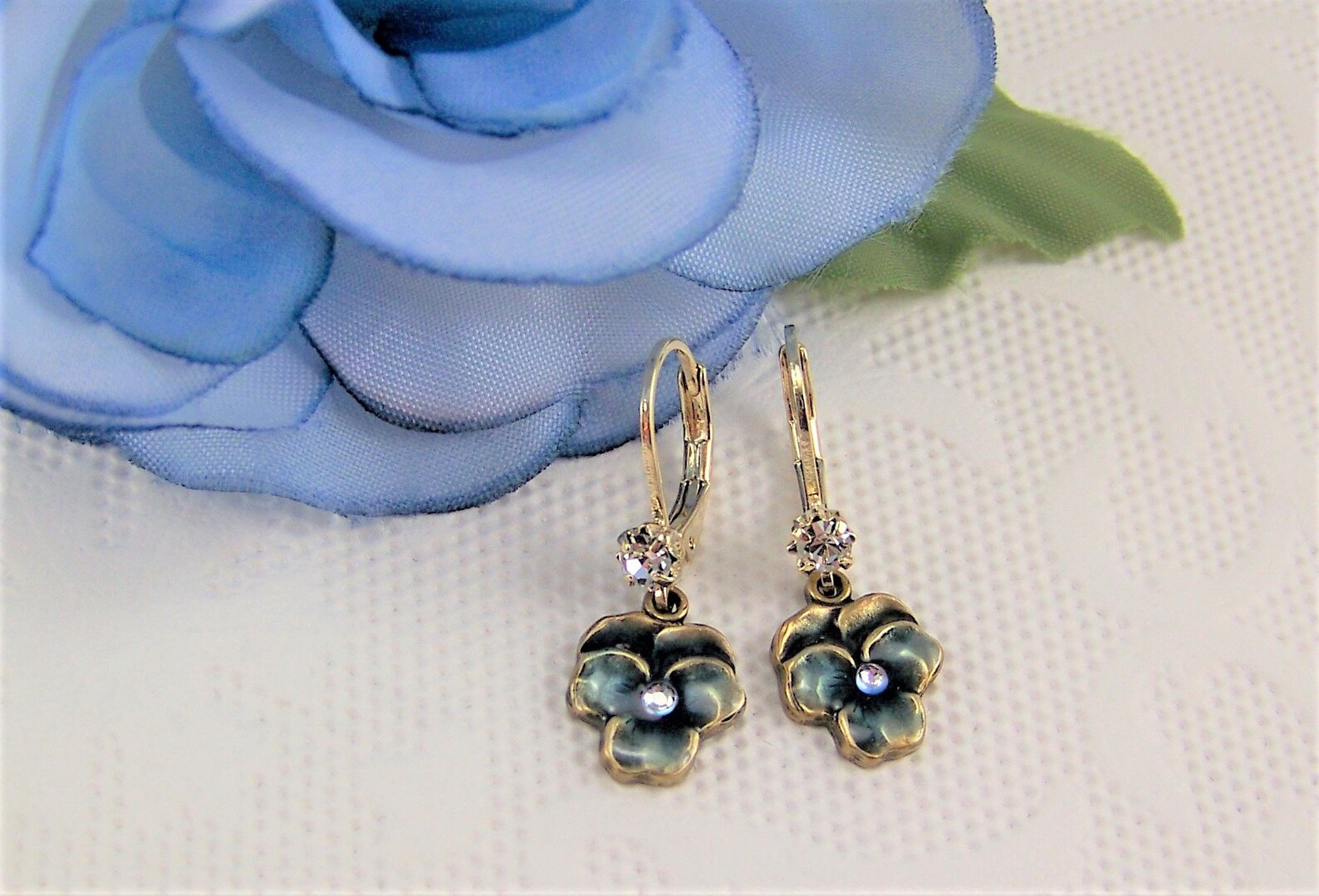 Pansy Earrings Blue Pansies Flower Earrings Enameled Flower Etsy