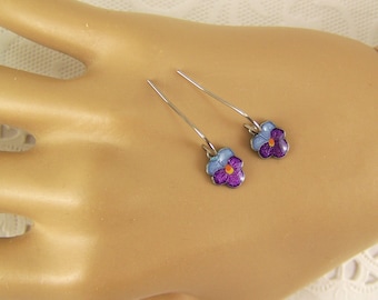 Pansy Earrings, Purple and Blue Pansies, Cloisonne Pansy Earrings, Pansy Petal Earrings, Flower Earrings, Hand Enameled Earrings, Tiny Pansy