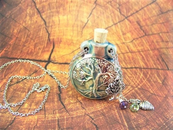 Tree of Life Necklace, Raku Flask, Vessel Necklace, Essence Oil Bottl…