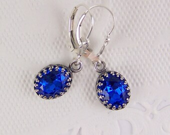Blue Sapphire Earrings, September Birthstones, Crown Set Sapphire, Sterling Silver Sapphires, Oval Sapphire Earrings, Dark Blue Sapphire Set