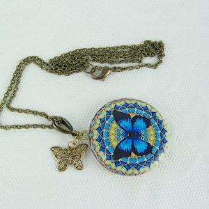 Butterfly Locket, Colorful Butterfly, Photo Locket, Antique Gold Butterfly Locket, Stained Glass Butterfly, Blue Butterfly Necklace