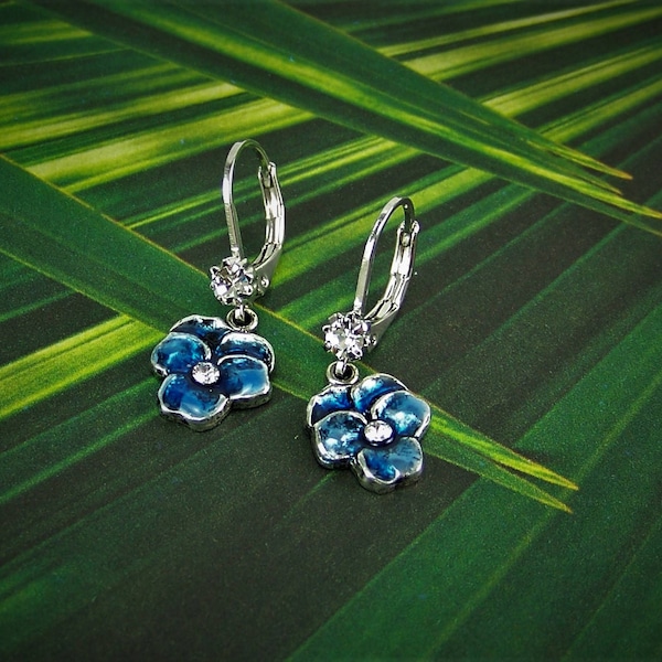 Pansy Earrings, Blue Pansy Earrings, Crystal Pansies, Flower Earrings, Blue Pansy, Pansy Flower Earrings, Cloisonne Pansy, Flower Earrings