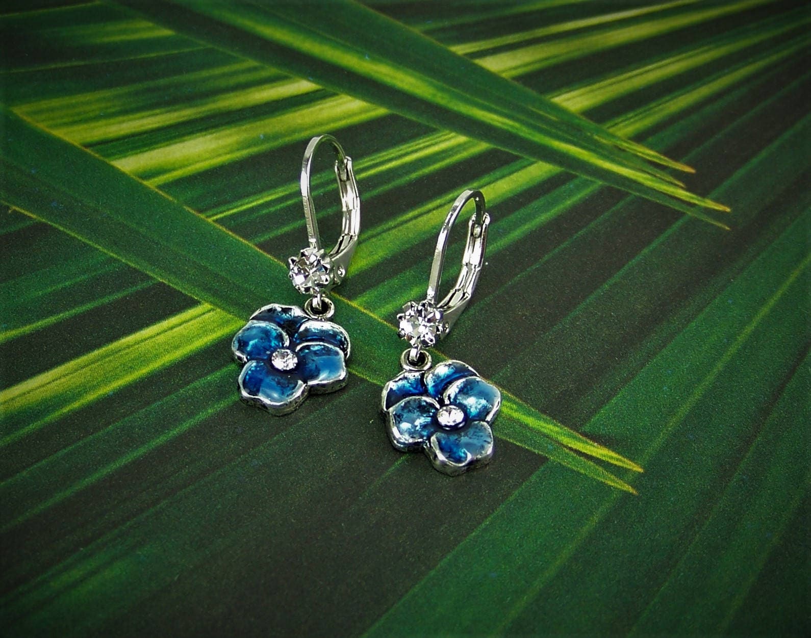 Pansy Earrings, Blue Pansy Earrings, Crystal Pansies, Flower Earrings…