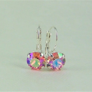 Peach Glacier Blue Crystal Earrings, Pink Crystal Earrings, Leverback Crystal Earrings, Iridescent Earrings, Pink Peach Crystal Earrings