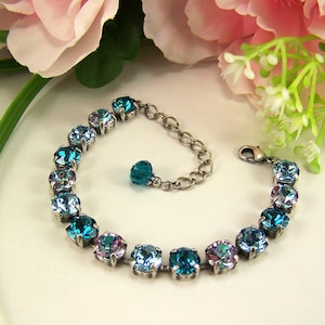 Blue Zircon Crystal Bracelet, December Birthstone, 8mm Tennis Bracelet, Crystal Aquamarine Bracelet, March Birthday, Austrian Crystal