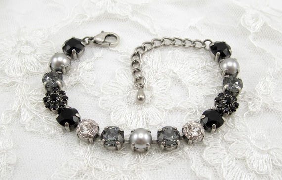 8mm genuine Austrian Crystal Bracelet, Jet Crystal Bracelet, Tennis Bracelet, Gray Pearl & Jet Black Bracelet, Black Tie Event Bracelet