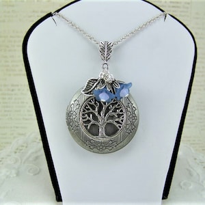 Tree of Life Locket Necklace: Forget Me Not Flowers, Opal Crystal