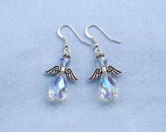 Angel Earrings, Silver Halo, Silver Wings, Crystal Angel, Angel Wings, Celestial Earrings, AB Crystal Briolette Teardrop, Angel Crystals