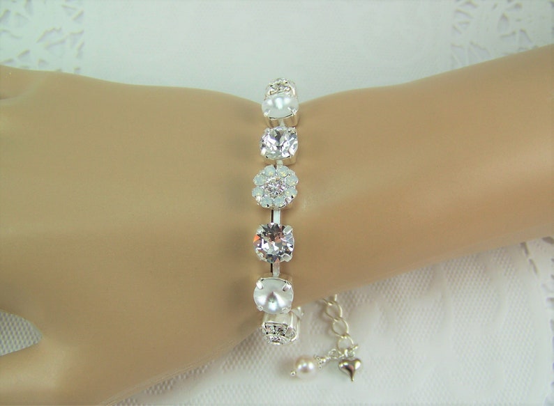 White Crystal Bracelet, White Pearl Bracelet, Crystal Opal, Austrian Crystal Bracelet, White Opal Flower Bridal Jewelry, 8mm Tennis Bracelet zdjęcie 6