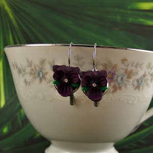 Violet Flower Earrings, Dark Purple Violet Earrings, Pansy Earrings, Violet Earrings, Purple Violet Flowers, Silver Violet Pierced Earrings image 4