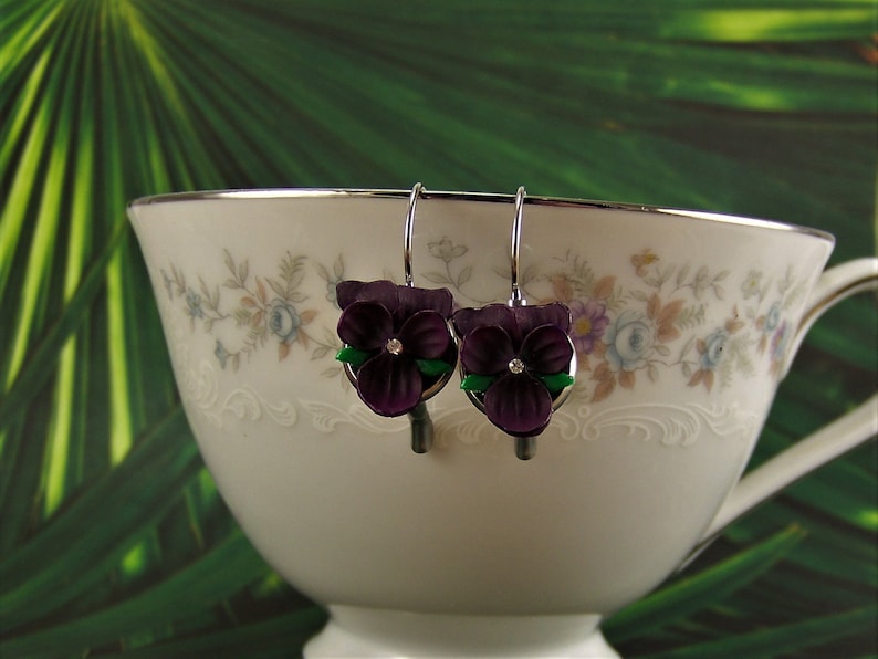 Violet Flower Earrings, Dark Purple Violet Earrings, Pansy Earrings, Violet Earrings, Purple Violet Flowers, Silver Violet Pierced Earrings image 4