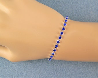 Crystal Tennis Bracelet, Crystal Cup Chain Bracelet, Blue Sapphire Bracelet, Stack Bracelet, Dainty Crystal Bracelet, September Birthstone