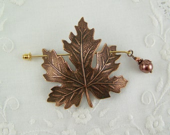 Shawl Pin, Maple Leaf Pin, Fall Leaf Pin, Scarf Pin, Sweater Pin, Copper Leaf Pin, Maple Leaf, Pearl Pin, Leaf Pin, Copper Maple Leaf Pin