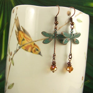 Verdigris Dragonfly Earrings: AB Crystal Copper Dangle Earrings