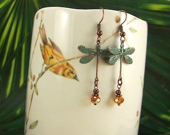 Verdigris Dragonfly Earrings, AB Crystal Copper Dangle Earrings, Dragonfly earrings, Crystal Dragonflies, Damselflies, Copper Verdigris