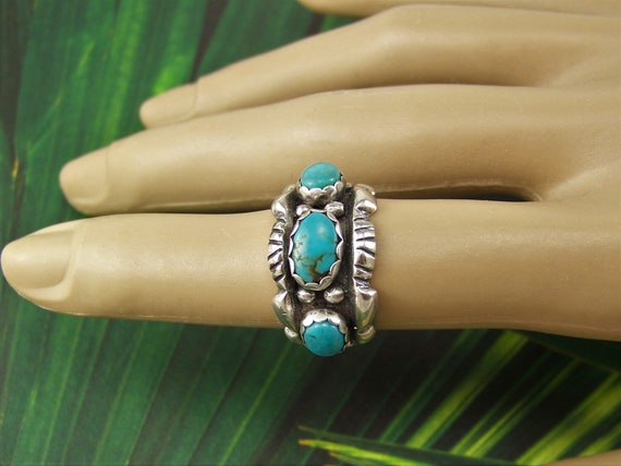 Vintage Turquoise Ring, 925 Sterling Three Stone … - image 4