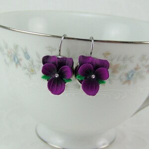 Violet Flower Earrings, Dark Purple Violet Earrings, Pansy Earrings, Violet Earrings, Purple Violet Flowers, Silver Violet Pierced Earrings image 9