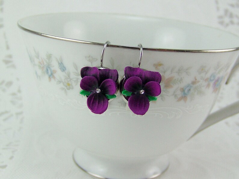 Violet Flower Earrings, Dark Purple Violet Earrings, Pansy Earrings, Violet Earrings, Purple Violet Flowers, Silver Violet Pierced Earrings image 9