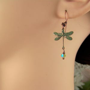 Verdigris Dragonfly Earrings, AB Crystal Dangle Earrings, Dragonfly earrings, Crystal Dragonflies, Damselflies, Copper Verdigris Earrings bild 4